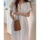 Fairy Dress Summer T Solid Color High Waist Slimming round Neck Midi Dress