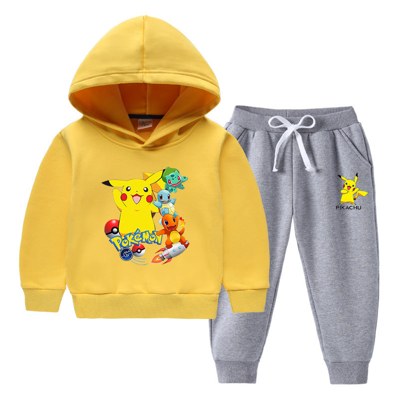 Children Pokemon Pikachu Hoodie & Pant Set Fleece Lined Padded Warm Keeping Winter Clothes Sweatershirt Suit