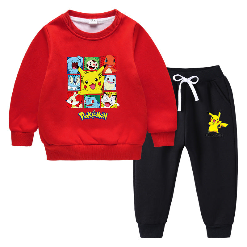 Children Pokemon Pikachu Hoodie & Pant Set Fleece Lined Padded Warm Keeping Winter Clothes Sweatershirt Suit