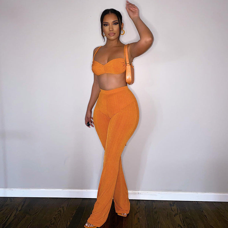 Women Top & Pant 2 Piece Set Summer Backless Underwaist High Waist Sheath Straight-Leg Trousers Casual Suit