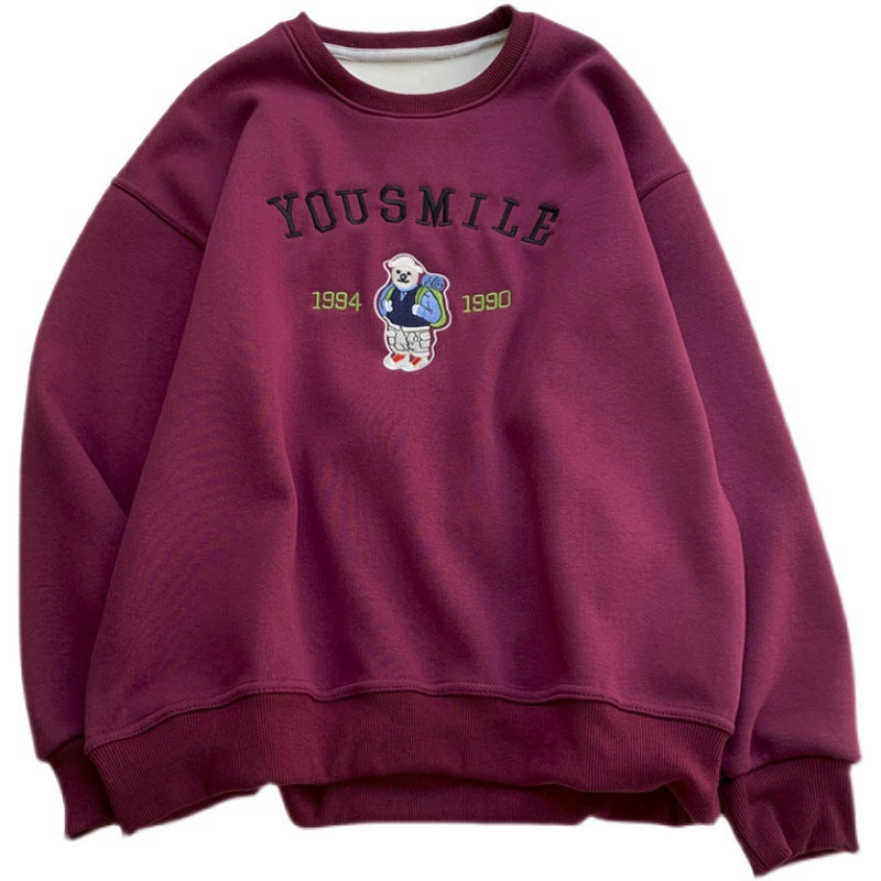 Diana Harvard Sweatshirt Vintage Bears Embroidery Plush Crew Neck Sweatshirt