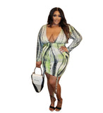 Women Plus Size Mini Dresses Printed V-neck Sexy Crumpled Bodycon Dress