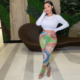 Jumpsuits Summer Women's Clothing Mesh Floral Print See-through Skinny Hip Raise Sports Leggings