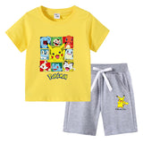 Children Pokemon Pikachu Tshirts & Shorts round Neck Half Sleeve T-shirt Suit Cotton Two-Piece Suit