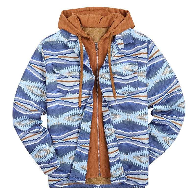 Mens Flannel Jacket with Hoodie Autumn and Winter Thickening Quilted Digital Printing Coat Hooded Fake Two Pieces Jacket Cotton-Padded Coat