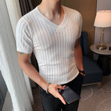 Men Short Sleeve T-Shirt V-neck Men's Knitted T-shirt