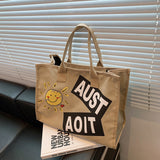 The Teacher Tote Smiley Face Canvas Big Bag Fashion Handbags Shoulder Bag Large Capacity Casual Tote Bag