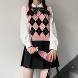 Preppy Aesthetic Outfits Vintage Knitted Vest Black Pink Color V-neck Sweater