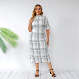 Women Plus Size Maxi Dresses Summer Plaid Stand Collar Short Sleeve Bodycon Dress