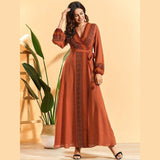 Bohemian V-neck Vintage Printed Lace-up Lantern Sleeve Fashion Dress