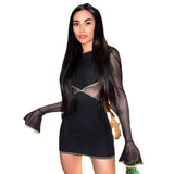 Kesha Black Dress Solid Color round-Neck Flared Sleeves Mesh Stitching Sexy See-through Sheath Dress