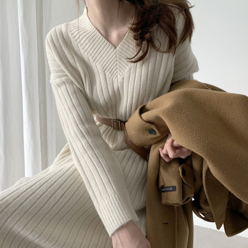 Work Dresses for Girls Autumn and Winter Vintage Knitted Dress Woolen Skirt Women