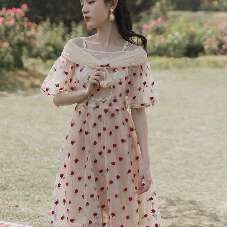Strawberry Cottagecore Dress  Embroidered Dress Casual Fashionable