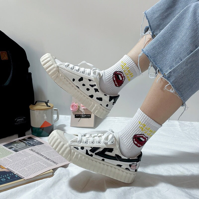 Cow Print Hey Dude Shoes Low-Cut Canvas Shoes Casual Lace up Board Shoes Student Shoes Female