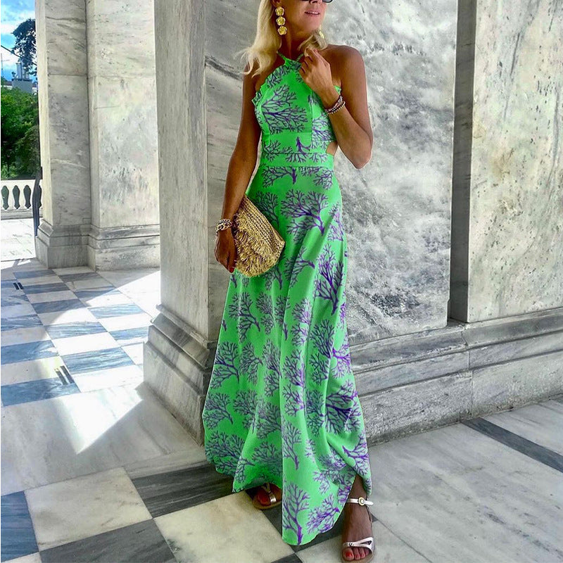 Women Bohemian Dress Summer Slim Fit Backless Printed Long Dress