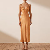 Women Summer Dresses Midi Dress  Sexy V-neck Backless Tied Spaghetti-Strap Long Dress