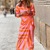 Women Bohemian Dress Casual Long Sleeve Striped Printed Dress