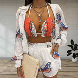 Women Pants Suit Women's Summer Casual Suit Butterfly Printed Three-Piece Set