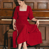 Women cottagecore Dress Summer Retro Red Square Collar Puff Sleeve Dress Long Dress