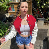 Women Coats Autumn and Winter Women's Single-Breasted Slim Jacket Pu Stitching Long Sleeve Baseball Uniform Coat