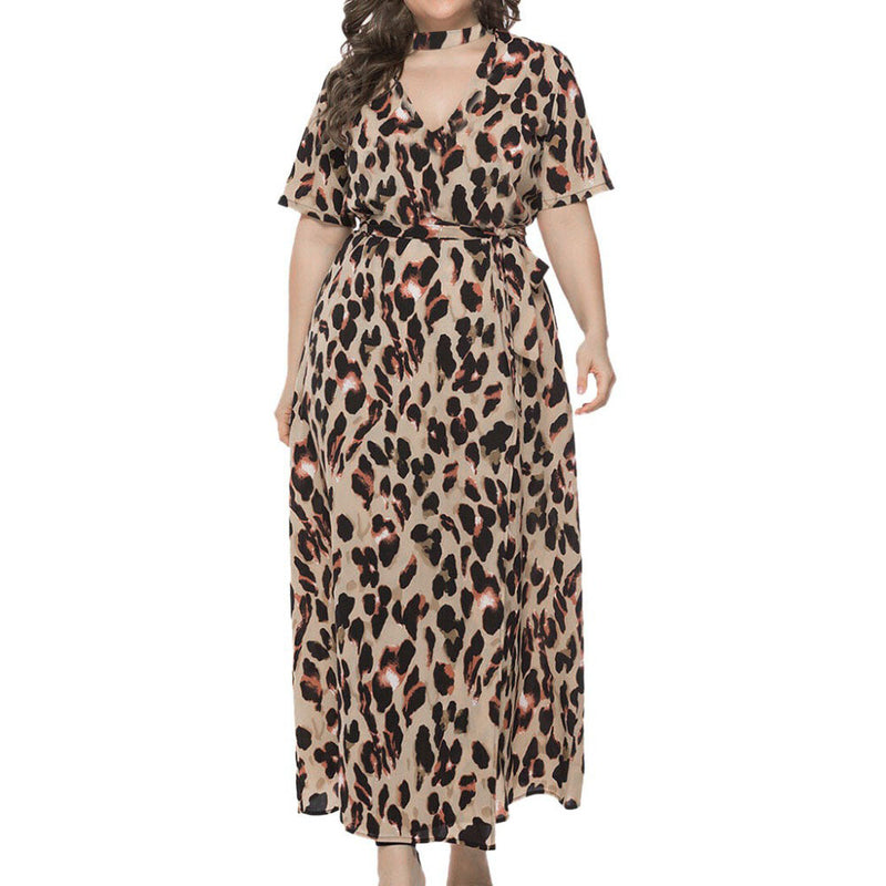 Women Plus Size Maxi Dresses V Collar Leopard Print Dress