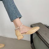 Nude Block Heel Sandals Summer Leather Shoes