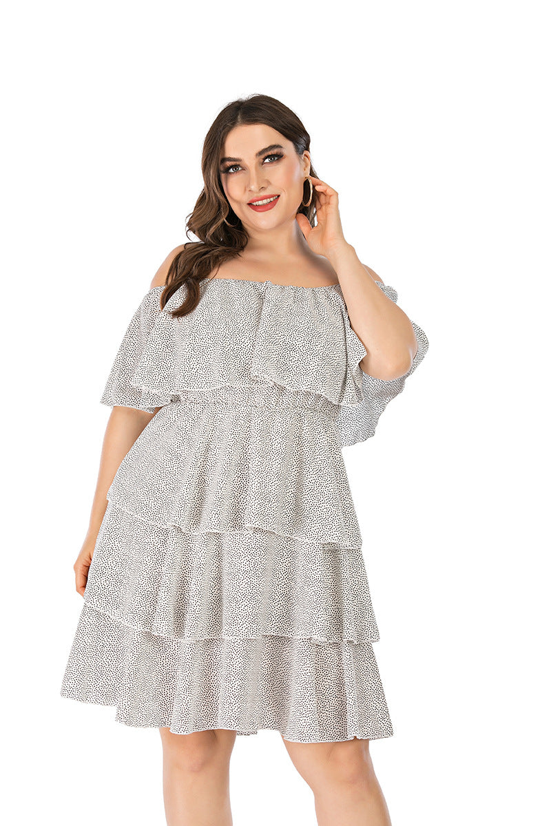 Women Plus Size Mini Dresses One-Word Lotus Leaf Collar Loose Cake Dress