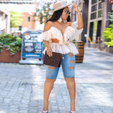 Women Plus Size Denim Shorts High Waist Slim Ripped Denim Shorts