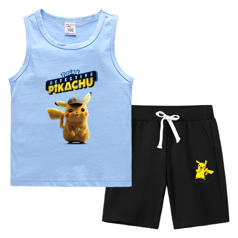Children Pokemon Pikachu Tshirts & Shorts Summer Vest Middle Pants Sports Casual Thin Two Pieces