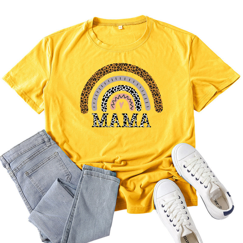 Boy Mama T Shirt Mama Leopard Print Rainbow Pattern Printed T-shirt