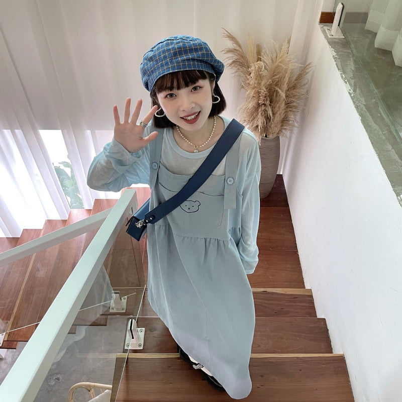 Gothic Lolita Harajuku Style Clothing Printed Suspender Skirt Solid-Colored Sun Protection Long Sleeve T-shirt Suit