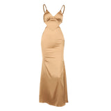 Women Summer Dresses Midi Dress  Sexy V-neck Backless Tied Spaghetti-Strap Long Dress