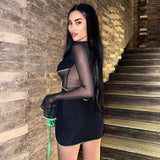 Kesha Black Dress Solid Color round-Neck Flared Sleeves Mesh Stitching Sexy See-through Sheath Dress