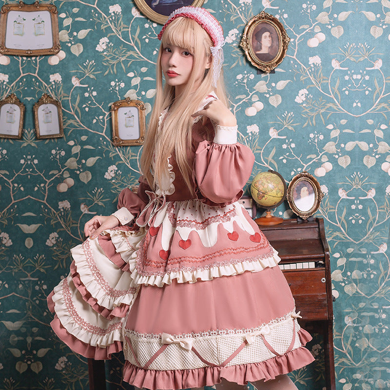 Gothic Lolita Harajuku Style Clothing Lolita Dress Strawberry Milk Cover Op Front Open Pastoral Style Long Sleeve Princess Dress