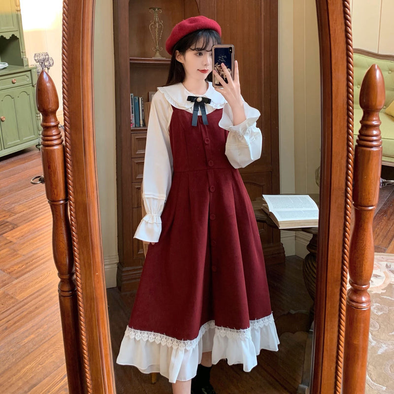 Gothic Lolita Harajuku Style Clothing Retro Spaghetti Straps Dress All-Match Solid Color Shirt