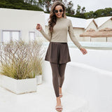 Burkini Muslim Swimwear Printed Swimsuit Long Sleeve Top Fake Two-Piece Trousers Solid Color Split Swimsuit Women's