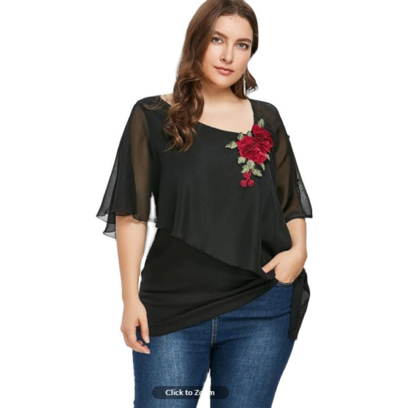 Women Plus Size Tops Summer V-neck Embroidery Irregular Chiffon Top