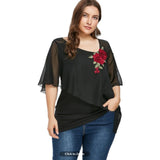 Women Plus Size Tops Summer V-neck Embroidery Irregular Chiffon Top