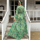 Bohemian Beach Dress Green V-neck Chiffon Floral