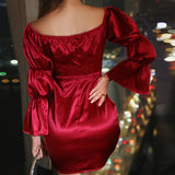 Dakota Johnson Red Mini Dress round Neck Long Sleeve Stitching High Waist