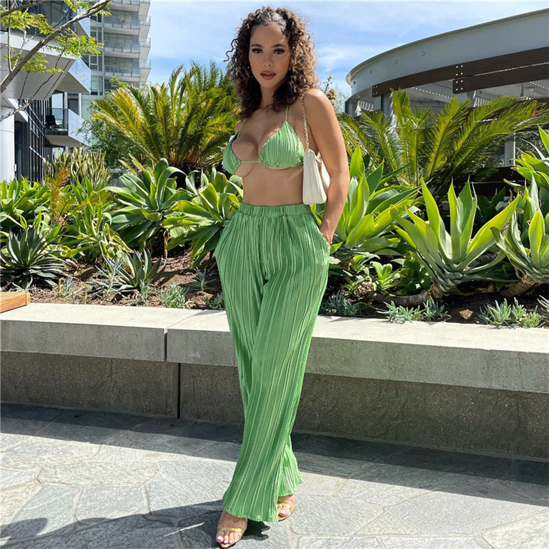 Women Top & Pant 2 Piece Set Summer Sexy Backless Underwaist Slim-Fit Straight Trousers Suit