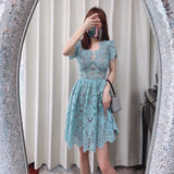 Women Exotic Dresses Summer Blue V-neck Hollow Lace Dress