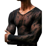 Transparent Shirt for Men Tight Moon Print Top Plaid Embroidery See-through T-shirt