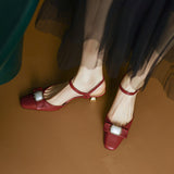 Nude Wide Fit Block Heels Genuine Leather Retro Bow Sandals