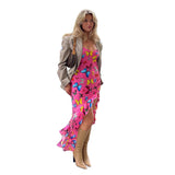 Music Festivals Rave Outfits Dress Summer Sexy Suspenders Low-Cut Slim Fit Split Print Dress