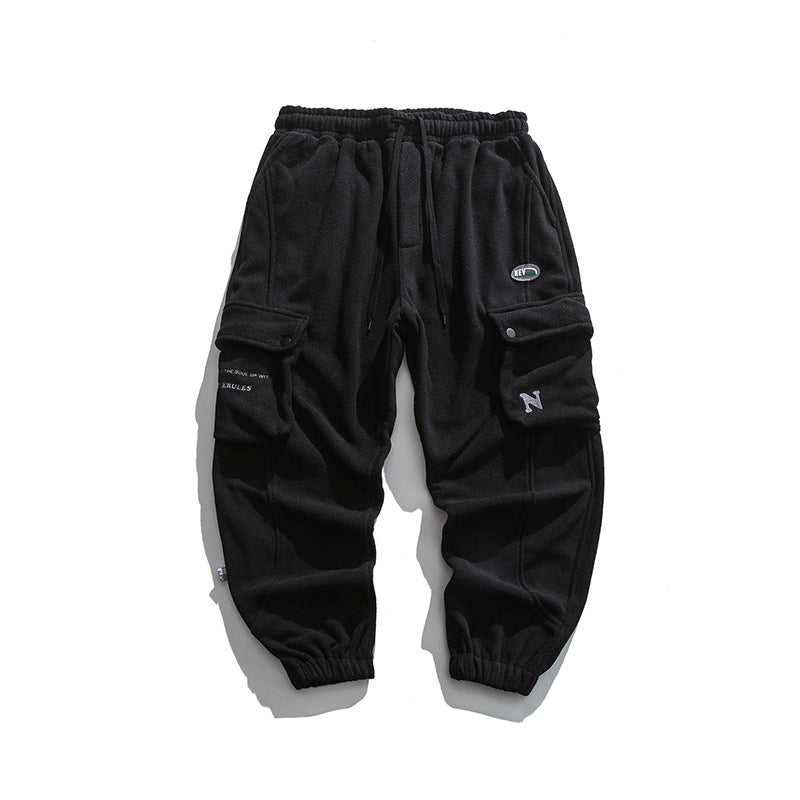 Man Fall Winter Outfis Winter Clothes Loose-Fit Tappered Trousers Boys Solid Color Simple Multi-Pocket Cargo Pants