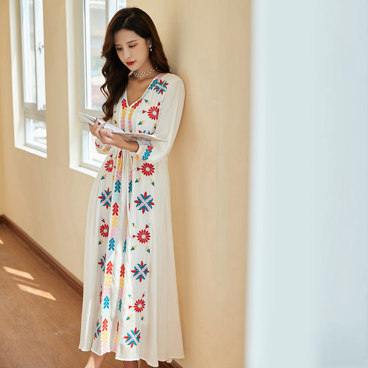 Beth Dutton Bohemian Dress Winter Autumn Midi Dresses Embroidered V-neck Lace-up Waist-Controlled Slimming Holiday Dress