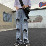 Anime Print Jeans Denim Pants Anime Print Loose Trousers for Men