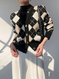 Preppy Aestitic Outfits Diamond Plaid Knitted Cardigan