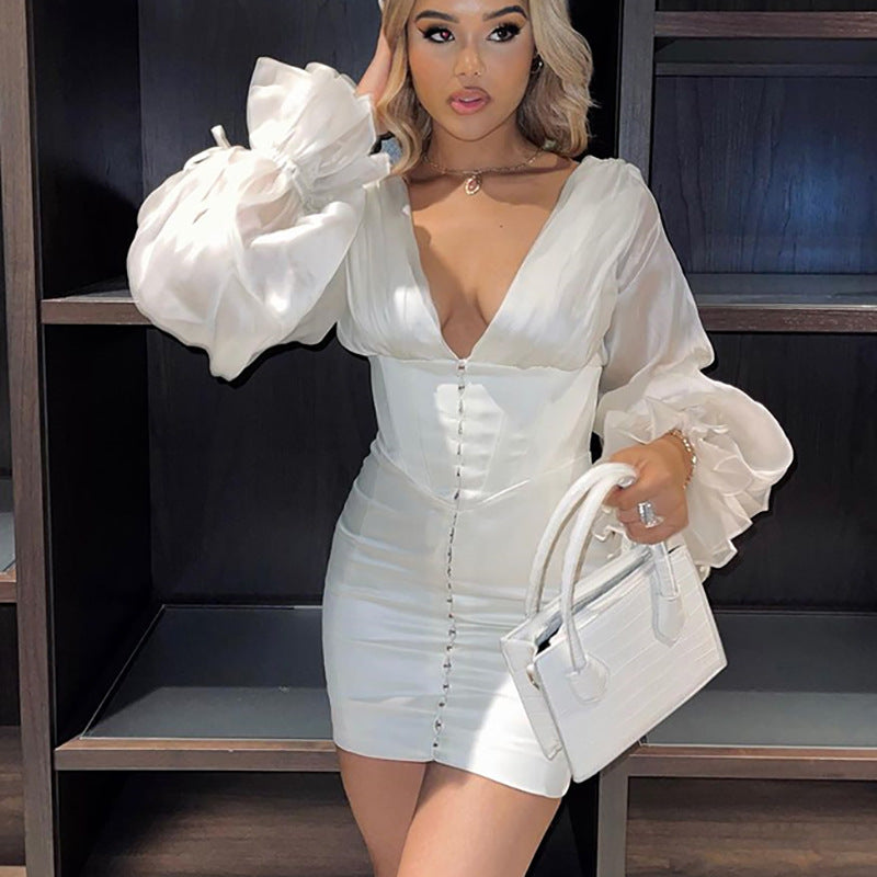 Women Summer Dresses Mini Dress Spring Sexy V-neck Satin Backless Dress